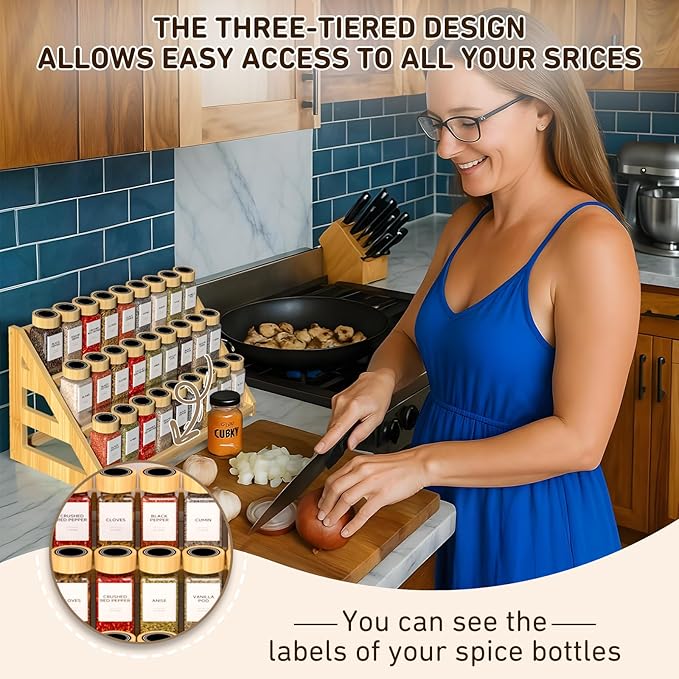 Bamboo Tiered Spice Rack, for Countertop Spice Organizer for Pantry Spice Shelf Organizer Kitchen Spices Rack