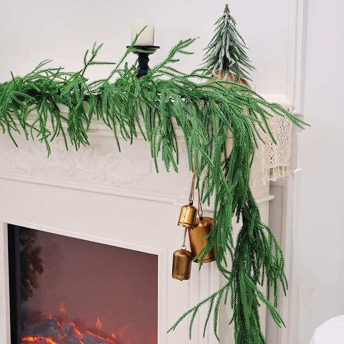 2PCS 9FT Christmas Garland Norfolk Pine Garland Real Touch Artificial Greenery Garland for Mantle Fireplace Table Indoor Outdoor Decor (Normal)