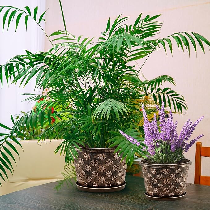 10 Inch Planter Pots for Plants, 4 Pack Plastic Large Flower Pots Indoor Outdoor, Resin Plant Pot with Drainage & Saucer, Retro Decorative Garden Pot with Removable Trays for House