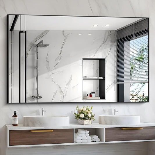Black Bathroom Mirror, 48"X36" Rectangle Mirrors for Wall Metal Frame, Modern Vanity Wall Mirror for Bathroom Living Room, Entryway Hangs Horizontal or Vertical