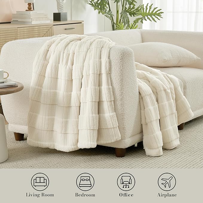 Amélie Home Luxury Striped Faux Fur Throw Blanket for Couch, Embossed Split Fur Cozy Fuzzy Fluffy Luxurious Soft Plush Sofa Chair Bed Gift Blankets for Women Men Wife Friend, 60"x80", Ivory
