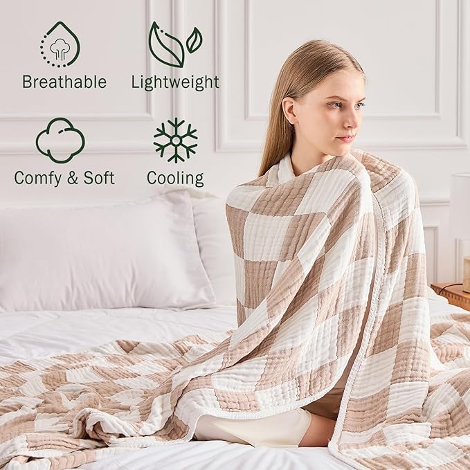 EMME Checkered Throw Blanket Cooling Cotton Blanket for Couch Soft Muslin Blankets 50"x60" Lightweight Breathable Cooling Soft All Season Gauze, Light Tan