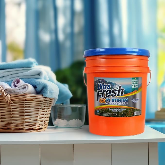 Ultra Fresh 5 Gallon Liquid Laundry Detergent Washing Soap for All Machine Types, 6X Platinum, Up to 640 Loads, Mountain Fresh