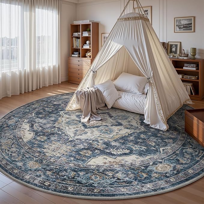 AMOAMI-6FT Round Rug-Rugs for Living Room-Vintage Soft Blue Rugs for Bedroom-Non Slip Circle Rug-Machine Washable Rug for Dining Room Living Room Bedroom Office Under Table