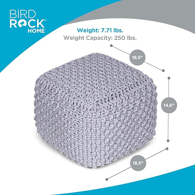 BIRDROCK HOME Square Pouf Ottoman | Cotton Braided Foot Stool with Bean Bag Filling | Boho Foot Rest for Living Room, Bedroom | Compact & Comfortable Seating, Lightweight & Sturdy | Grey