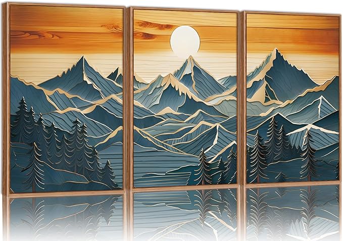 Tinonedraw Metal Mountain Framed Canvas Wall Art, Boho Mountains Artworks, Mid Century Modern Blue Ridge Wall Decor, Vintage Nature Forest Sunset Art Print for Living Room Bedroom Office 24"x36"x3