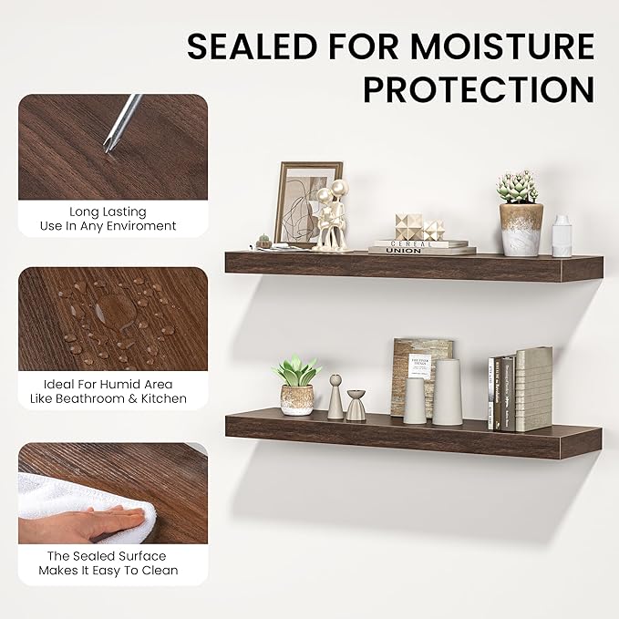 Floating Shelves for Wall, 48" W x 9.3" D x 1.5" H, Wooden Wall Mounted Display Shelves with Invisible Brackets for Living Room, Bedroom, Bathroom, Kitchen Decor and Storage, Set of 1, Walnut