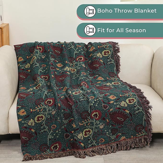 Boho Throw Blanket for Bed,100% Ultra Cotton Soft Breathable Bed Throw Floral Printed Farmhouse Decor Rustic Bed Throws for Couch Sofa Quilt 60" x 80"