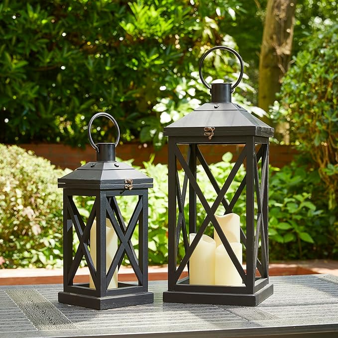 Glitzhome Modern Farmhouse Wooden Lantern Hanging Decorative Candle Lantern for Outdoor & Indoor Black Set of 2 (No Glass)