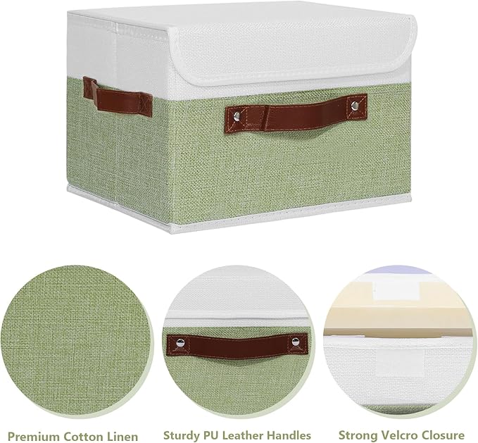 ANMINY Storage Boxes with Lids Washable Decorative Storage Bins Basket with PU Leather Handle Foldable Linen Fabric Storage Cubes Containers for Home Closet Organizer - Green White, Large Size