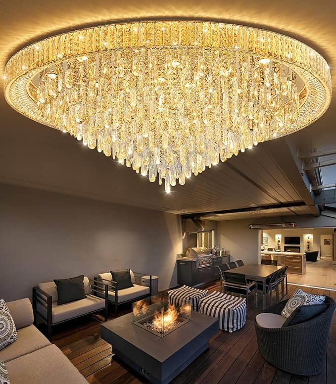 53.7'' Modern Crystal Big Large Chandeliers LED Dimmable Flush Mount Ceiling Chandeliers for Living Room High Ceiling Entrance Foyer Lobby Bedroom Gold