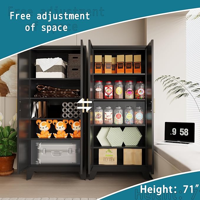 71'' Farmhouse Metal Storage Cabinet with Barn Doors,Steel File Cabinet for Home Office,Kitchen Pantry 4 Adjustable Shelves,Freestanding Cupboard for Kitchen,Home Office (Black)