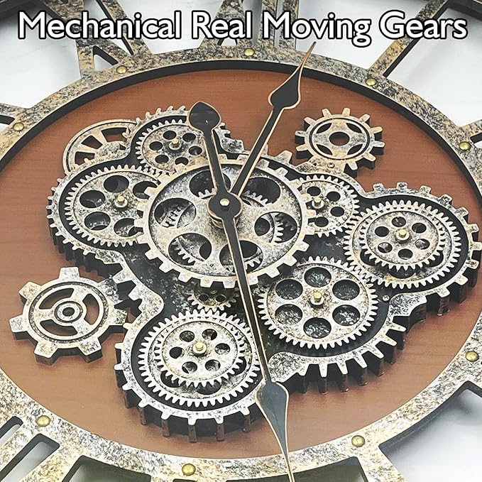 DORBOKER 24" Original Moving Gears Wall Clock, Large Industrial Wall Clock for Living Room Decor, Retro Wood Vintage Farmhouse Steampunk Rustic Clocks for Wall Decor,Brown Nanmu