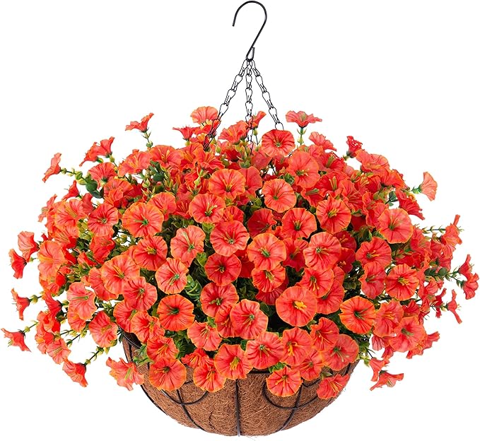 Artificial Fall Flowers Fake Hanging Plants Flowers Basket for Outdoors Autumn Decoration, Orange Silk Morning Glory with Eucalyptus Look Real UV Resistant Faux Flowers for Outside Porch Patio Balcony