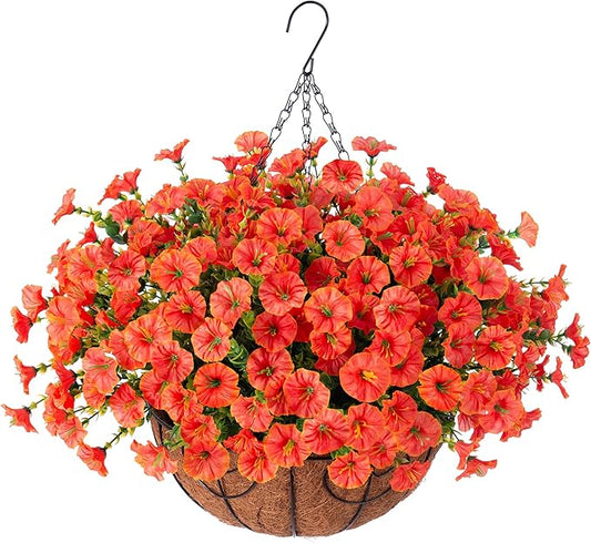Artificial Fall Flowers Fake Hanging Plants Flowers Basket for Outdoors Autumn Decoration, Orange Silk Morning Glory with Eucalyptus Look Real UV Resistant Faux Flowers for Outside Porch Patio Balcony