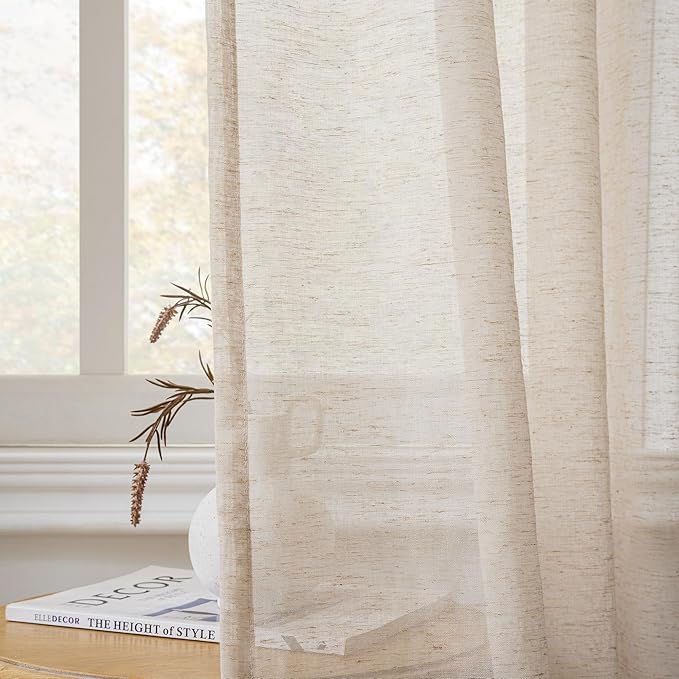 FMFUNCTEX Linen Sheer Curtains for Bedroom, Taupe Curtains 96 inches Long for Living Room, Brown Farmhouse French Flax Blend Window Draperies, Rod Pocket 2 Panels Set