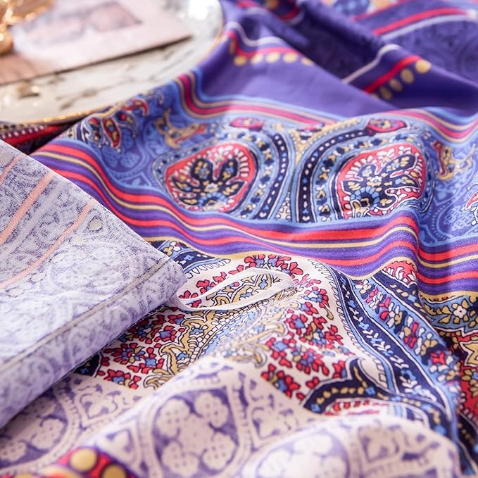 ABREEZE Bohemian Vintage Queen Size Floral Cotton Bedding Set 3Pcs Duvet Cover Set Boho Purple Paisley 100% Egyptian Brushed Cotton Reversible Home Bedding Collection