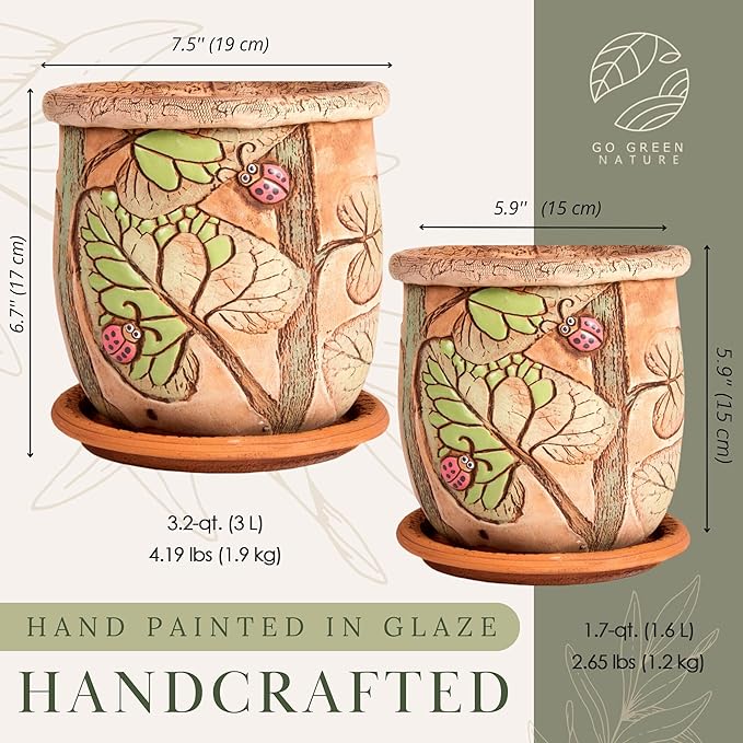 Ceramic Pot with Drainage Hole and Saucer, Plant Pots, Modern Decorative Planters for House Plants Indoor Flowers Plants, Cute Flower Pot - Gifts (Ladybugs (1.6 L))