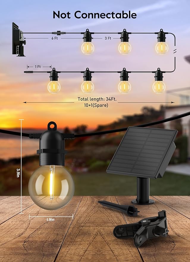 Brightown Outdoor Solar String Lights 34FT - LED G40 Pro Globe Patio Energy Saving with 11 Shatterproof Bulbs, 3 Light Modes Waterproof Hanging Lights for Christmas Outside Garden Backyard Party Decor