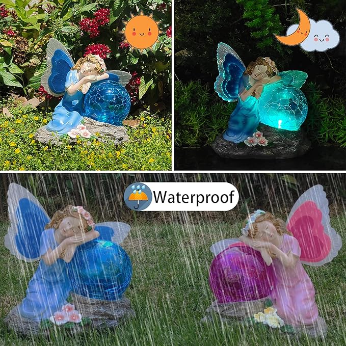 Fairy Garden Statue ，Solar Garden Decor ，Fairy Statue Outdoor with Glass Ball ，Waterproof Outdoor Decor，Suitable for Yard, Lawn ，Ideal for Holiday Giving（Blue）