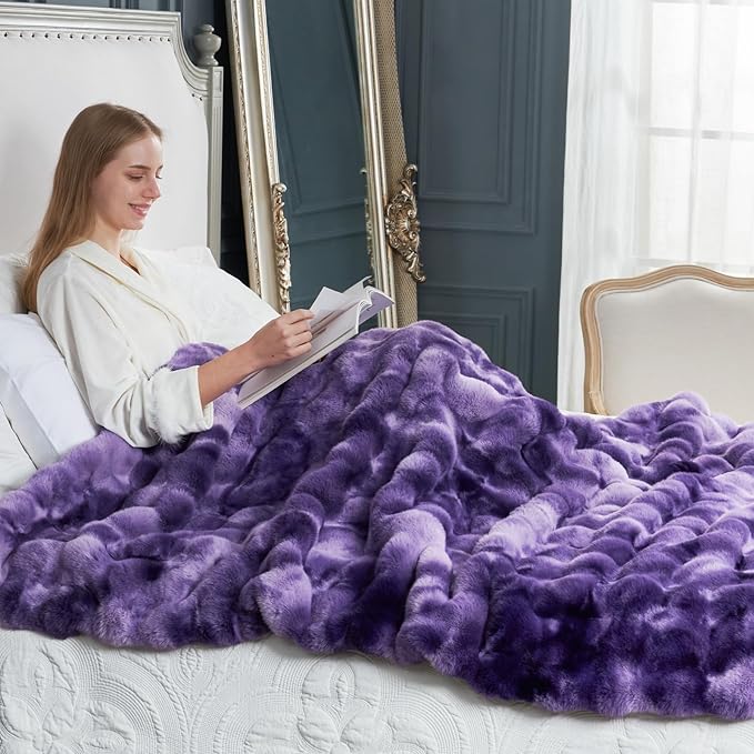 Cozy Bliss Faux Fur Throw Blanket for Couch, Fuzzy Soft Plush Thick Bubble Blanket for Sofa Bedroom Living Room, 50 * 60 Inches Tie-dye Purple