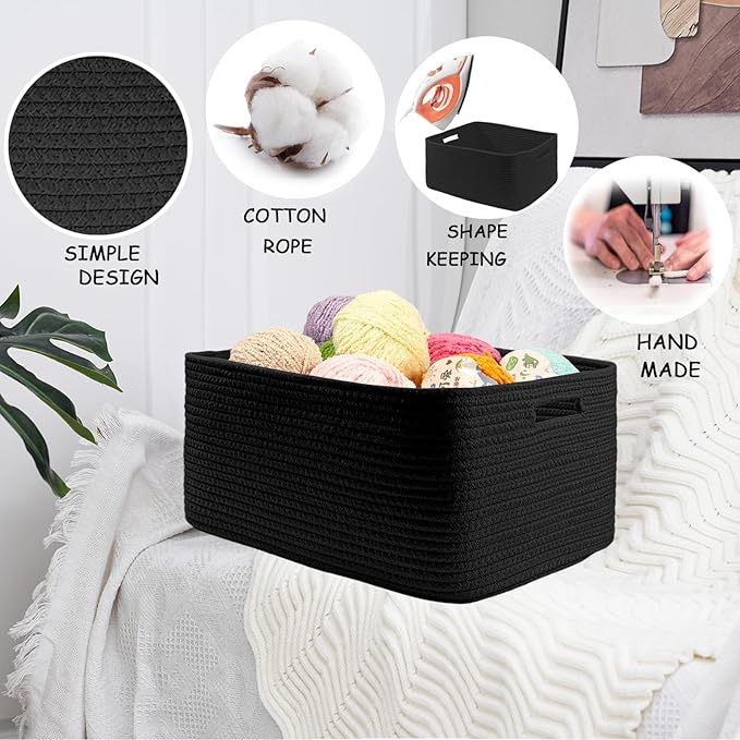 COMFY-HOMI Cotton Rope Woven Basket with Handles for Shelves,Toys,Book, Cloth Storage Baskets for Organizing-17" x 13" x 7.5" Toy Decorative Organizer for Living Room, Bathroom （all black）