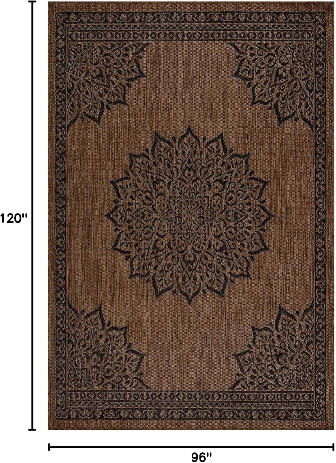 CAMILSON Outdoor Rug 8x10 Medallion Nut Brown Black Modern Area Rugs for Indoor and Outdoor Patios, Kitchen and Hallway Rug, Washable Porch Deck Outside Carpet (8 x 10)