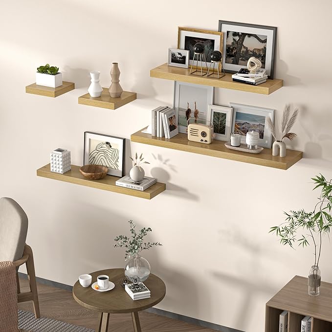 Floating Shelves for Wall, 55"W x 9.3"D x 1.5"H, Long Wooden Wall Mounted Display Shelves with Invisible Brackets for Living Room, Bedroom, Bathroom, Kitchen Decor and Storage, Set of 1, Oak