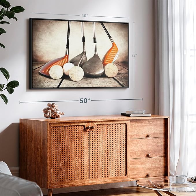 Elephant Stock Golf Sets Wall Art - Horizontal Framed Canvas - 1-Piece Mancave Wall Decor - Photography Sports Canvas Print - Yellow and Brown Decor for Wall - 40" X 27"