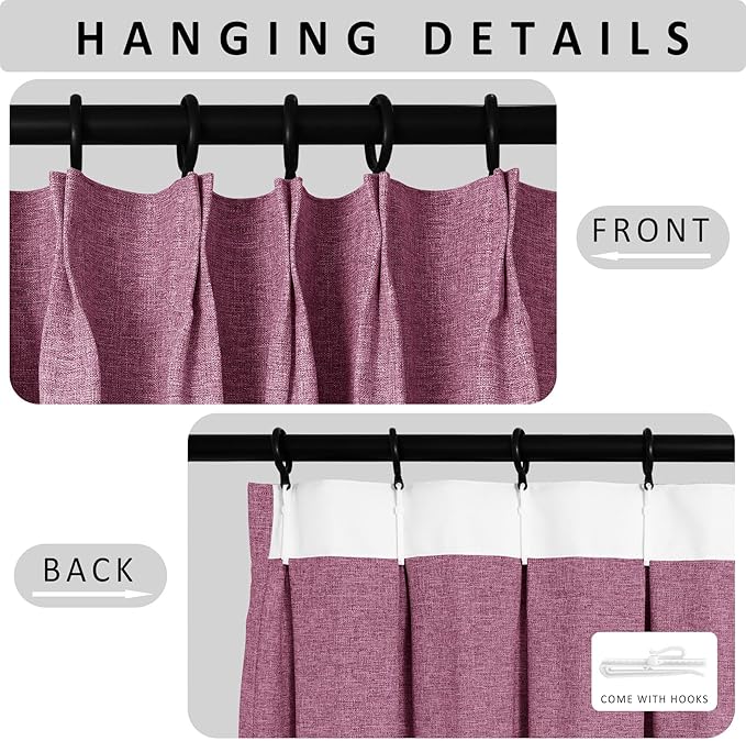 Macochico Pinch Pleated 100% Blackout Curtains Lilac Linen Curtains for Bedroom Living Room Farmhouse Thermal Insulated Window Panels Pleated Curtains with Hooks and Tieback 52”Wx72”L 1 Panel