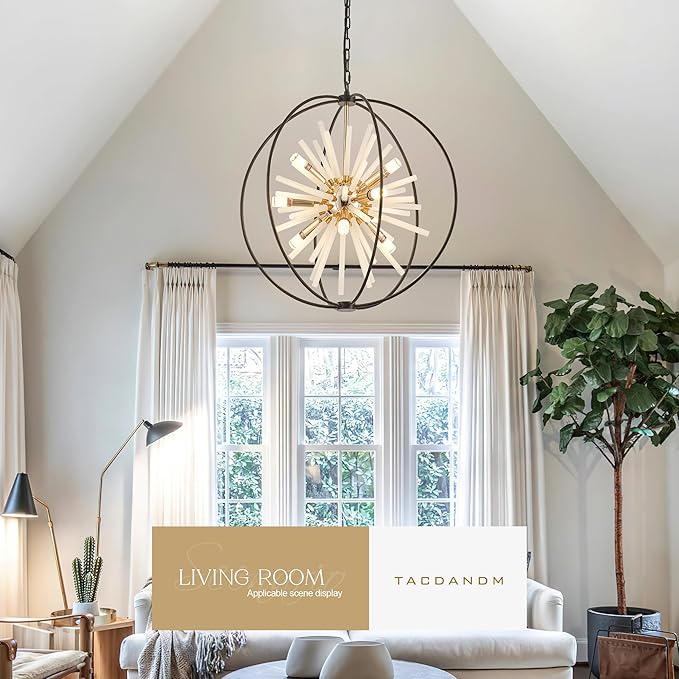 23.6" Black Gold 12-Light Globe Sputnik Chandelier Modern Adjustable Hanging Ceiling Glass Tube Pendant Light Fixture for Entryway Foyer Staircase Dining Living Room Hallway