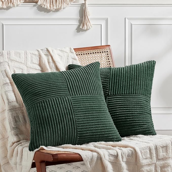 Fancy Homi Set of 2 Dark Green Decorative Throw Pillow Covers 26x26 Inch for Bedroom Couch Bed, Boho Farmhouse Forest Green Home Decor, Soft Corss Corduroy Patchwork Textured Cushion Case 66x66 cm
