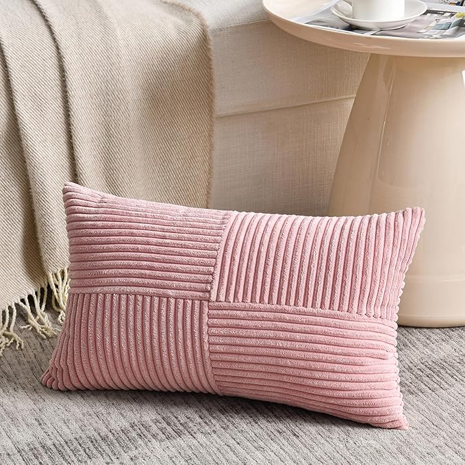 Fancy Homi 2 Packs Blush Pink Long Lumbar Decorative Throw Pillow Covers 12x24 Inch for Couch Bed Sofa, Rustic Farmhouse Boho Home Decor, Soft Striped Corduroy Rectangle Accent Cushion Case 30x60 cm
