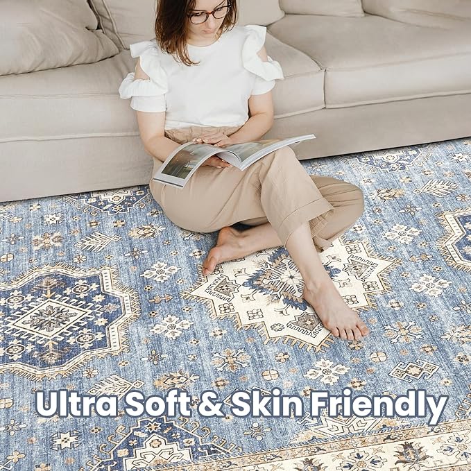 Washable Area Rugs for Living Room - 7x9 Neutral Vintage Distressed Floral Farmhouse Boho Large Soft Floor Rug Indoor Non Slip Carpet for Living Room Bedroom Dining Room Office - Blue