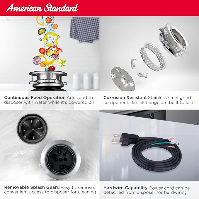 American Standard 10-US-AS-7 Garbage Disposal Anti-Jam Stainless Steel Food Waste Grinding System, Heavy Duty, 3/4 HP, Black