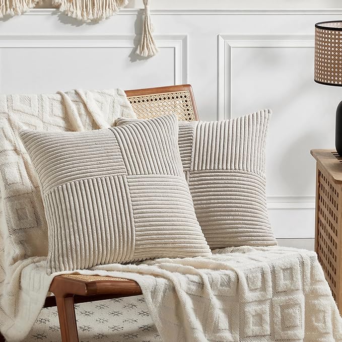 Fancy Homi 2 Packs Neutral Taupe Decorative Throw Pillow Covers 22x22 Inch for Living Room Couch Bed Sofa, Rustic Farmhouse Boho Home Decor, Soft Corss Corduroy Patchwork Accent Cushion Case 55x55 cm