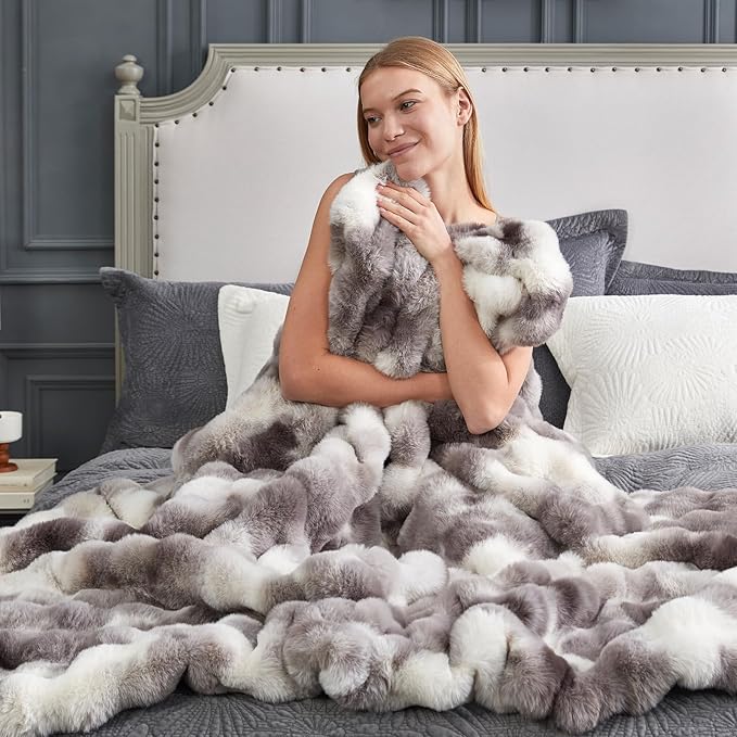 Cozy Bliss Faux Fur Throw Blanket for Couch, Fuzzy Soft Plush Thick Bubble Blanket for Sofa Bedroom Living Room, 60 * 80 Inches Tie-dye Taupe