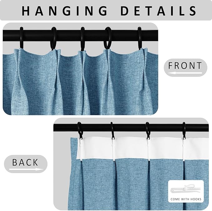 Macochico 100”Wx96”L Pinch Pleated 100% Blackout Linen Curtains Thermal Sliding Curtains for Bedroom Living Room Sliding Glass Door Farmhouse Shabby Chic Blue Drapery with Tieback 1 Panel