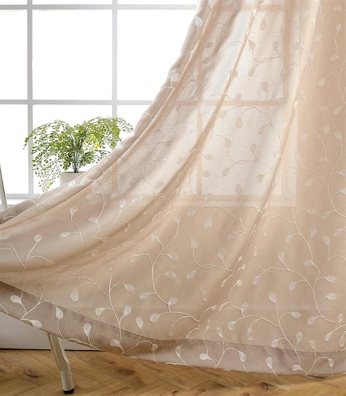 MIUCO Floral Embroidered Semi Sheer Curtains Faux Linen Grommet Window Drapes for Living Room 52 x 95 Inch 1 Pair Set, Linen
