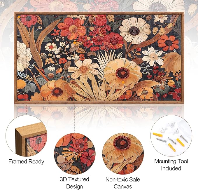 Aurlan Boho Burnt Orange Terracotta Wildflowers Framed Wall Art(40"x20"), Abstract Floral 3D Textured Canvas Artwork, Large Modern Vintage Botanical Nature Art Wall Decor for Home Office Living Room Bedroom