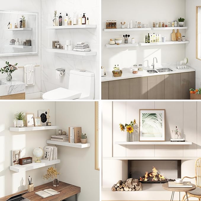 48 Inches Floating Shelves for Wall, 9.3" Deep Long Floating Shelves Set of 1, Large Display & Storage Shelf, Wall Shelf for Bathroom Bedroom Living Room Kitchen Office, White