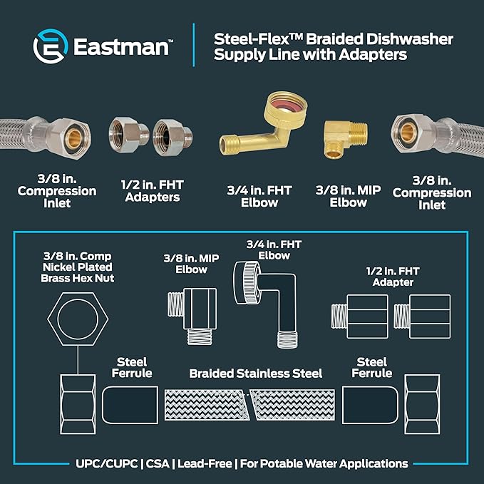 Eastman Dishwasher Installation Kit, 8 Foot Hose with Adapters, 3/8 Inch MIP x 3/4 Inch FHT Elbows, Braided Stainless Steel Connectors, 41132
