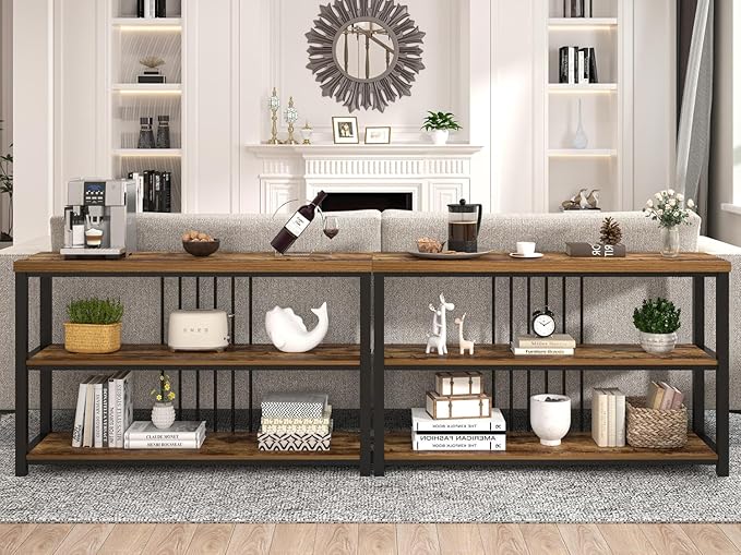 FOLUBAN Industrial Console Table, 3 Tier Entryway Table, Sofa Foyer Table for Living Room Hallway Behind Couch, Rustic Brown