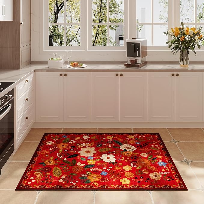 Door Mat Indoor Entrance 2x3 Rug Machine Washable Boho Floral Small Area Rug Non-Slip Low Pile Throw Rugs for Entryway, Kitchen, Front Door Indoor Entrance, Entry, Kids Room (Red)