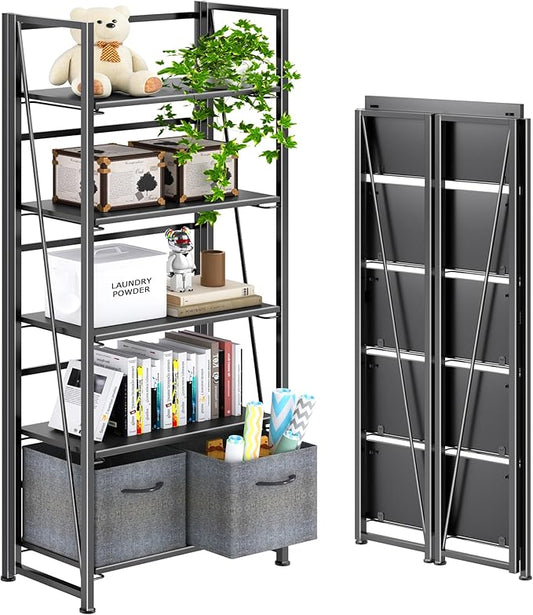 4NM No Assembly Foldable Bookshelf, 5-Shelf Collapsible Bookcase Storage for Small Spaces, 62.2" H, All Black