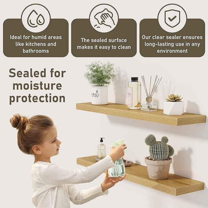 Floating Shelves Wall Shelf 30 Inch Long, Rustic Wood Bathroom Shelves 30 Inch, Farmhouse Home Decor Kitchen Living Room Bedroom Shelves Wall Mounted, 30 x 6.7 x 1.4 Inch, Set of 3, Oak Color