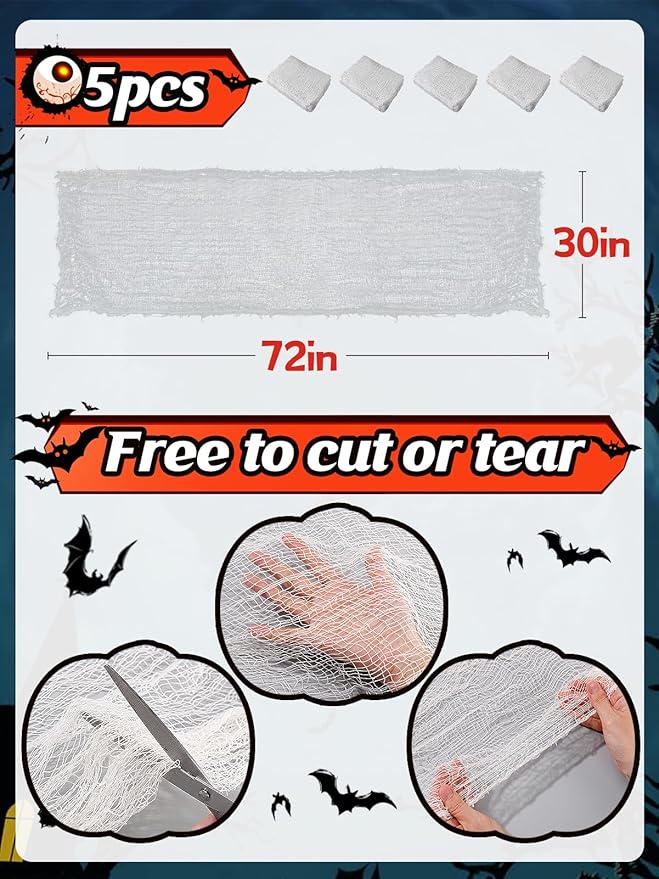 Biubee 5Pcs Halloween White Creepy Cloth- Spooky Gauze Fabric Cloth for Haunted Horror House Halloween Party Doorway Outdoors Decoration (30" ×72")