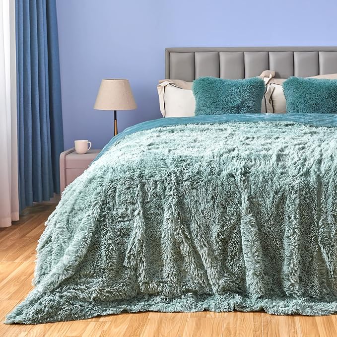 GONAAP Fuzzy Faux Fur Throw Blanket Queen Size Ice Blue Super Soft Cozy Plush Fuzzy Shaggy Blanket for Couch Sofa Bed (Ice Blue, Queen(90"x90"))