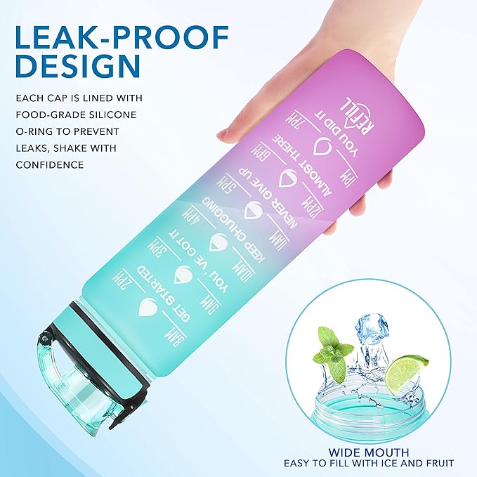 Enerbone Water Bottle, Leakproof BPA & Toxic Free, Motivational Water Bottle with Times to Drink and Straw, Fitness Sports Water Bottle with Strap for Office, Gym, Outdoor Sports