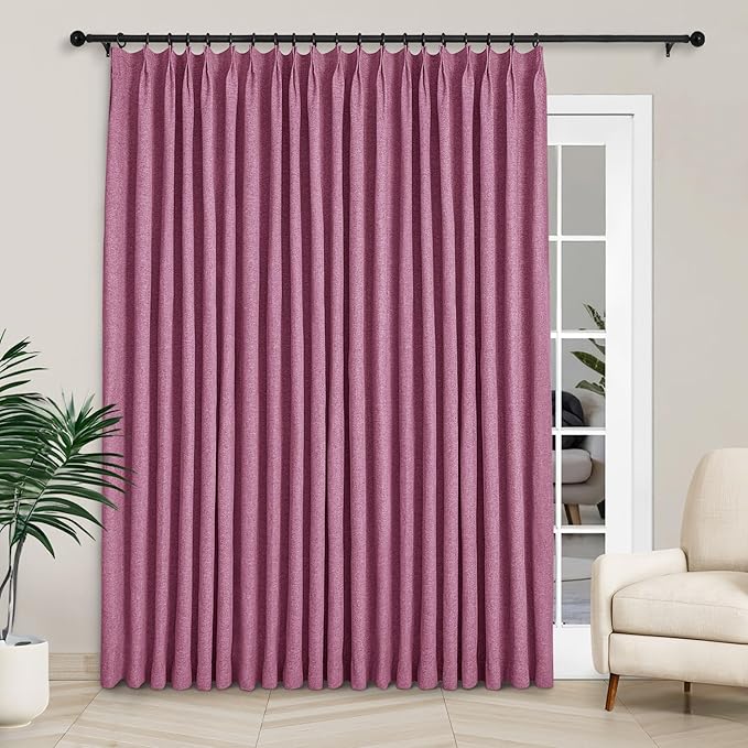 Macochico 100”Wx102”L 100% Blackout Pinch Pleated Linen Curtains for Sliding Door Bedroom Living Room Farmhouse Thermal Insulated Lilac Burlap Drapes with Tieback 1 Panel Shabby Chic Style